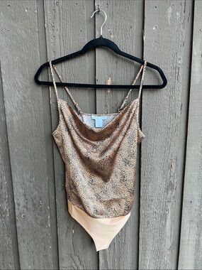 Sincerely Jules Leopard Satin Cowl Neck Bodysuit in Tan